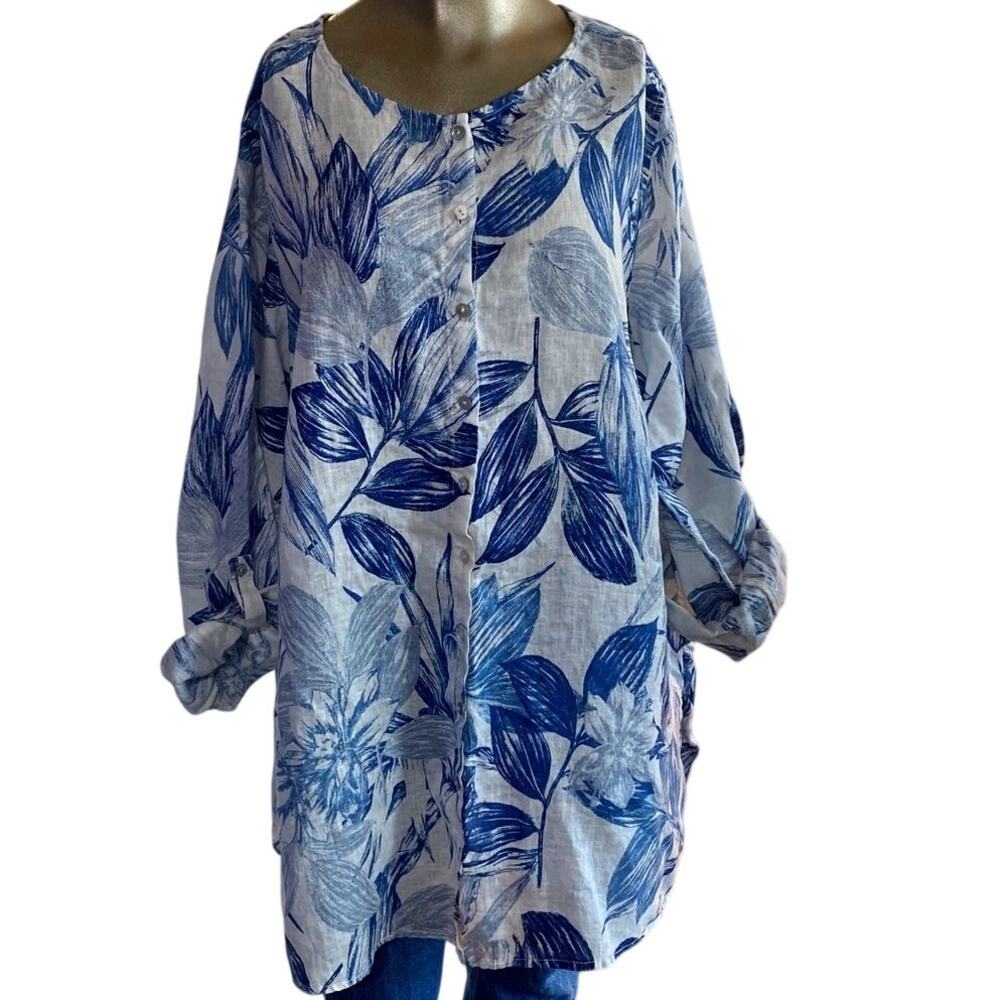 C&C California 100% Linen Shirt Women 2X Blue White Botanical Roll Tab Tunic Top